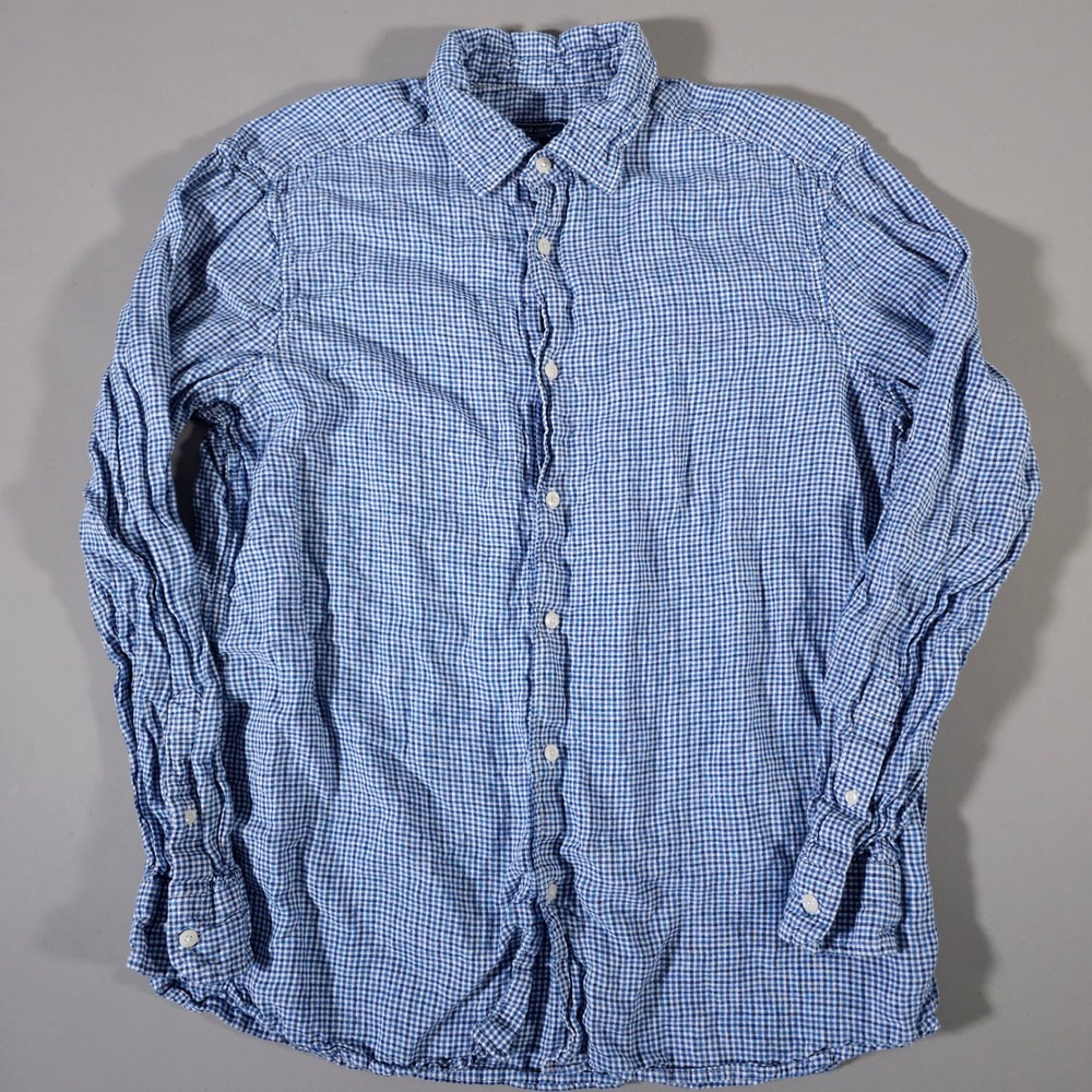 Vineyard Vines Button‎ Down Shirt Mens Large Blue Gingham 100% Linen Long Sleeve